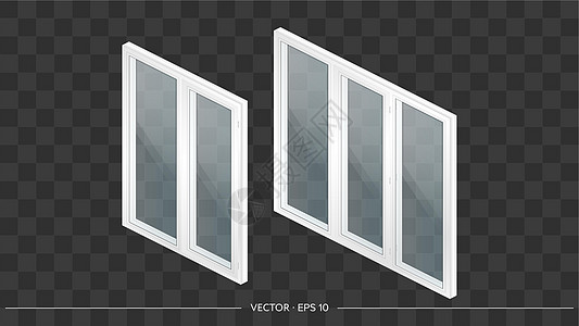 一套带透明玻璃的 3D 白色金属塑料窗户 写实风格的现代窗口 等距矢量图技术住宅公寓框架控制板窗扇办公室塑料窗房子窗格图片