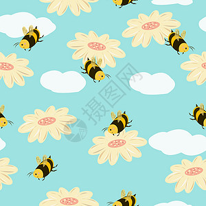 无缝模式的滑稽蜜蜂和雏菊与云图片