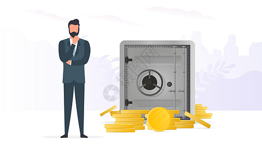 一位商务人士站在装有金币的保险箱附近 成功的商业存款和收入的概念 向量图片