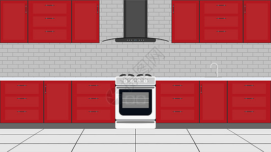 红色橱柜平面风格的时尚厨房 红色厨柜StoveOven 向量插画