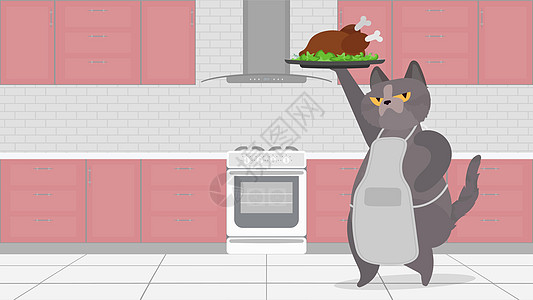 宠物大作战滑稽的猫拿着一只炸火鸡 一只表情滑稽的猫拿着一只炸鸡 烹饪博客或视频博客的概念 向量明信片插图女士食物绘画情绪厨师褐色小猫父亲插画