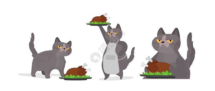 滑稽的猫拿着烤火鸡 一只表情滑稽的猫拿着一只炸鸡 适用于贴纸卡和 T 恤 孤立 向量绘画小猫女士女儿样子宠物厨师枞树礼物卡通片图片