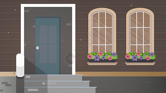 带大窗户的棕色木屋 有花的窗户 乡间别墅的门廊百叶窗桌子建筑框架插图工作预防自由职业者家具木头图片