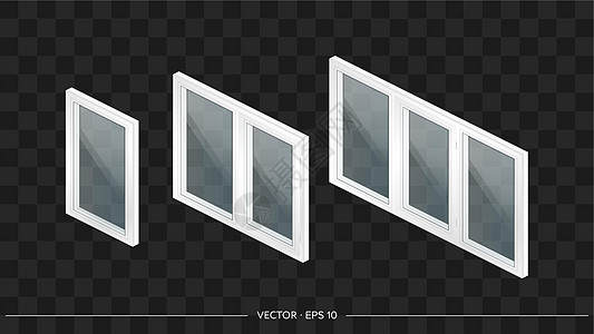 一套带透明玻璃的 3D 白色金属塑料窗户 写实风格的现代窗口 等距矢量图框架锁定窗台技术公寓塑料窗住宅房子控制板窗格图片