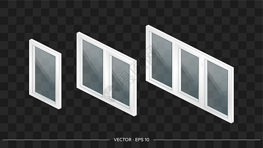 一套带透明玻璃的 3D 白色金属塑料窗户 写实风格的现代窗口 等距矢量图框架锁定窗台技术公寓塑料窗住宅房子控制板窗格背景图片