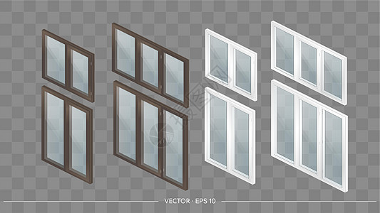 一大套带有 3D 透明眼镜的金属塑料窗户 写实风格的现代窗口 等距矢量图房子白色框架住宅公寓窗台窗扇玻璃办公室矩形图片