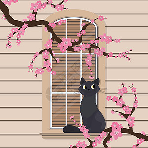 猫坐在窗户上 半圆形窗户 花朵呈扁平状 带百叶窗的窗口 向量图片