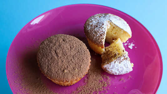 蓝色背景的粉色盘子上放着两块凝乳蛋糕 上面撒着巧克力和糖霜 甜点 一个小纸杯蛋糕 质地轻盈的白色烤饼干 食品概念手工粉末食物杯子图片
