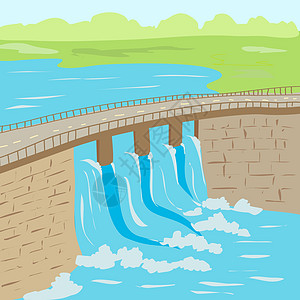 于桥水库有一座桥和落水的水力发电厂插画