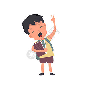 背着背包的少年挥了挥手 满意的小学生 适用于返校或假期设计 孤立 向量海浪孩子教育童年衬衫女性快乐情感学生女孩图片