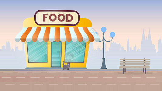 新鲜食品商店 以城市为背景的杂货店 平面样式 向量市场餐厅窗户店铺插图零售精品建筑商业贮存图片