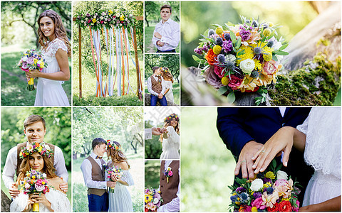 婚礼拼贴  美丽的婚嫁户外 喜庆的时尚花朵装饰树木风格剪辑花束绿色木头婚姻新娘图片