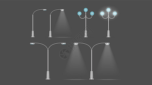 一套闪耀的金属灯笼 具有逼真光线的灯柱 向量插图建筑学电气城市技术辉光古董街道邮政电线图片