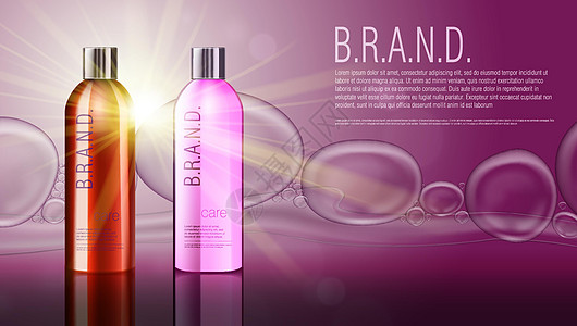 3D 逼真的化妆品产品洗发水瓶包装模板香水液体小样营销气泡海报身体水分瓶子美丽图片