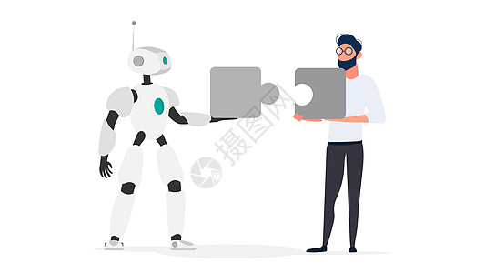 这家伙和机器人拿着拼图 团队合作理念电子智力电子人商务自动化服务工人科学商业工作图片