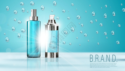 3D 逼真的化妆品产品喷雾瓶包装模板嘲笑水分推广美丽滋润身体营销蓝色洗剂瓶子图片