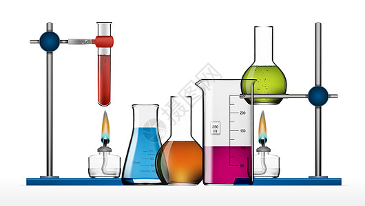 逼真的化学实验室设备套装 玻璃烧瓶烧杯酒精灯药理制药液体科学生物学持有者实验插图药店收藏图片