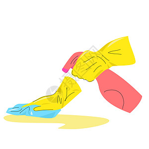 手戴黄色手套 带喷雾瓶和抹布图片