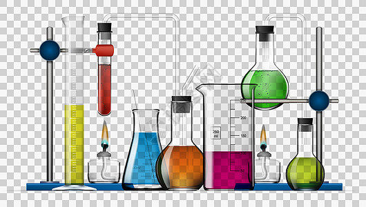 逼真的化学实验室设备套装 玻璃烧瓶烧杯酒精灯液体管子技术滴管科学测量物理精神生物学化学品图片