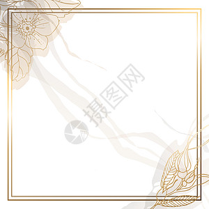 有叶子和玫瑰的金框 花卉简单方形最小背景 用于社交网络 方形白色背景 矢量图图片