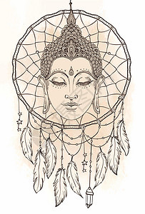 佛脸在捕梦网圆形图案之上 深奥的复古矢量图冥想精神佛教徒沉思捕手文化瑜伽插图海报打印图片