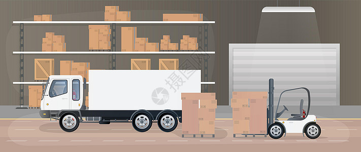 带抽屉的大仓库 带抽屉和盒子的架子 纸板箱运往生产仓库 向量包装物流零售插图卡车货物货运送货运输商业图片
