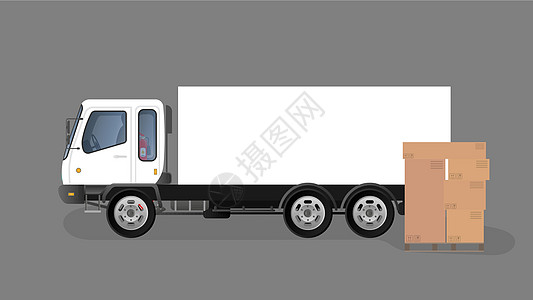 带抽屉的货车和托盘 纸箱 货物交付和装载的概念 向量图片