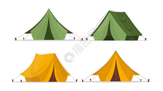 套帐篷 绿色和黄色的野营帐篷 分别在白色背景上 向量图片