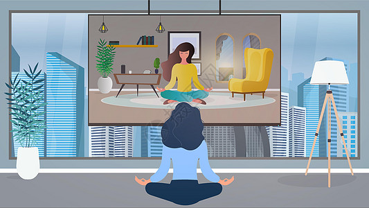 办公室里的女孩正在冥想 女孩在电视上看瑜伽课 向量图片