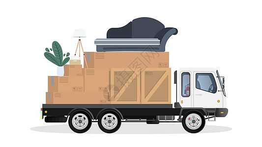 有箱子的卡车 搬家 搬到一个新的地方 白色卡车箱沙发室内植物灯 孤立 向量图片