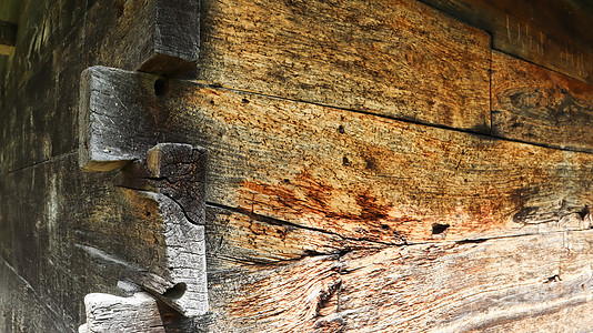 村里一座木刨松木屋的墙壁 立面 角落 棕色质朴的木材纹理背景 建筑学 绿色建筑木头生态裂缝小屋风化乡村谷仓质量木纹松树图片