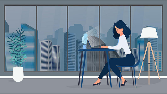 戴眼镜的女孩坐在办公室的桌子旁 女孩在笔记本电脑上工作 找人工作查看职位空缺和简历的概念 向量工人服务男性商务会议员工微笑女性经图片