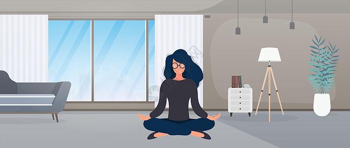 女孩正在房间里冥想 做瑜伽的女孩 矢量图闲暇工作女士卡通片冒充女性家庭旅行插图电脑图片