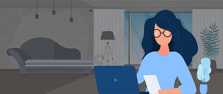 戴眼镜的女孩坐在办公室的桌子旁 女孩在笔记本电脑上工作 找人工作查看职位空缺和简历的概念 向量工人窗户员工男性女士插图网络椅子商图片