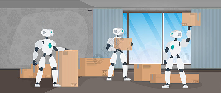 搬家横幅 搬到一个新的地方 一个白色机器人拿着一个盒子 纸箱 未来使用机器人运送和装载货物的概念 向量吉祥物纸盒送货乐趣货运家庭图片