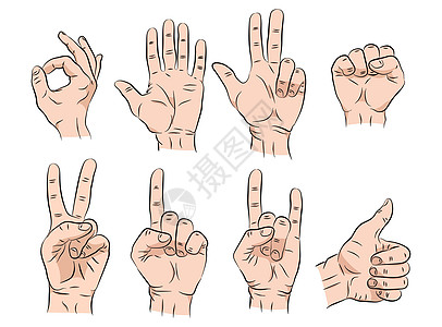 一组不同手势的手素描情绪和白色背景孤立矢量插图 EP 上的标志图片