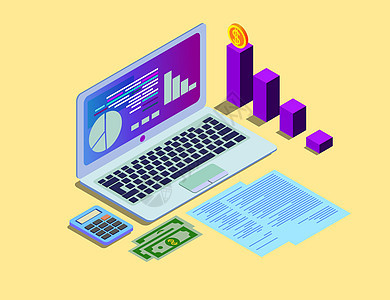 概念业务战略 分析数据和投资 业务成功 使用笔记本电脑和信息图表元素进行财务审查  3d 等距平面设计 矢量图  EP图片