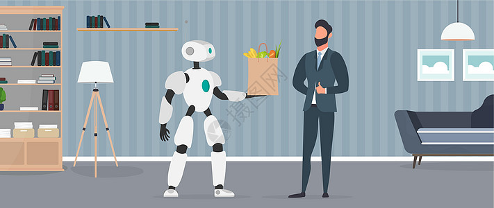 机器人手里拿着一个袋子 里面装着杂货 机器人送餐 商务人士现身拇指 未来交付概念 网上购物 向量人士运输顾客营养产品经理卡通片服图片