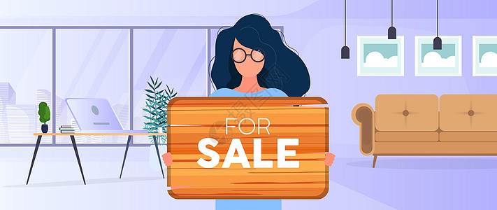 一个戴眼镜的女人举着一块木牌 上面写着待售的铭文 举着木牌的年轻女子 出售公寓办公室或建筑物的概念 向量商业住房互联网卡通片经纪图片