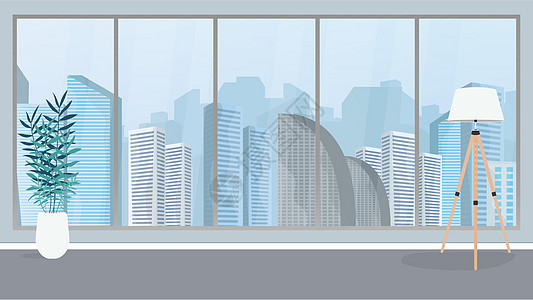 空荡荡的办公室 有一扇全景大窗户 适合业务设计 向量图片