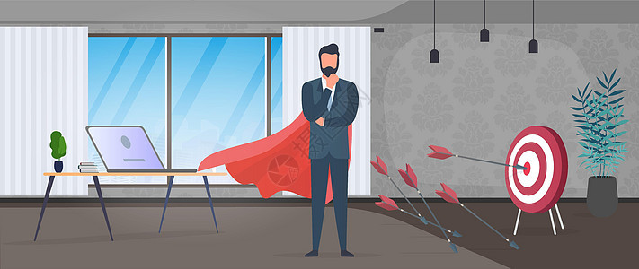 商务人士击中目标 用箭击中目标的中心 披着红色斗篷的商务人士 办公室 商业动机和成就的概念 向量套装飞行金融解决方案专注衬衫挑战图片