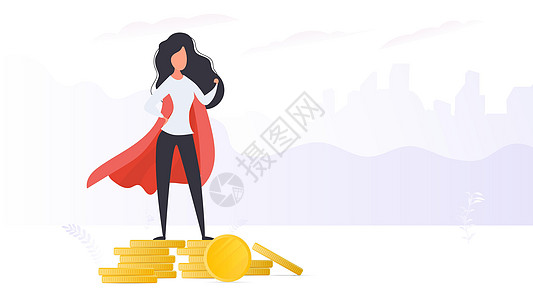 一个穿着红色斗篷的女孩站在金币山上 超级英雄的女人 向量图片