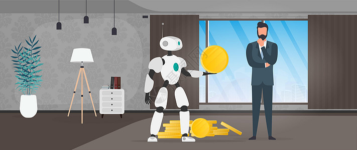 机器人给商务人士一枚金币 机器人为企业带来利润 盈利和财富的概念 向量金融蓝色贸易货币团队商业科学金属手臂男性图片