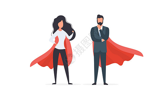 穿着红色雨衣的女孩和男孩 女人和男人的超级英雄 成功人士企业或家庭的概念 向量创新女性套装商业飞行成就工作建设权利经理图片