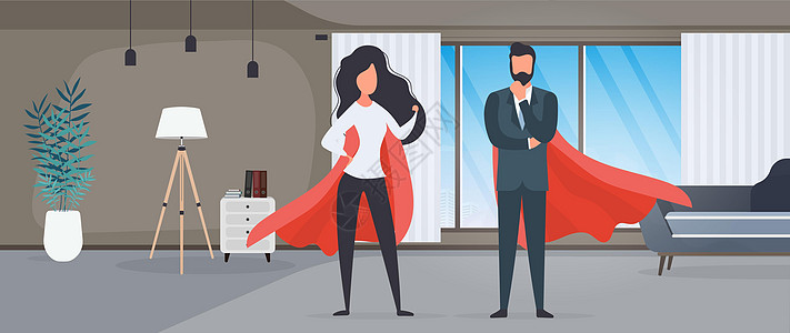 穿着红色雨衣的女孩和男孩 女人和男人的超级英雄 成功人士企业或家庭的概念 向量经理力量职业同事团队套装商业团队精神女性主角设计图片