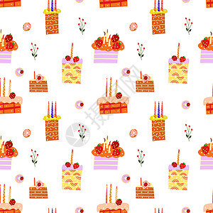 与烘焙食品蛋糕蜡烛的无缝模式 用于打印和 web 的彩色矢量设计绘画产品甜点海报糕点包装庆典烹饪纺织品食物图片