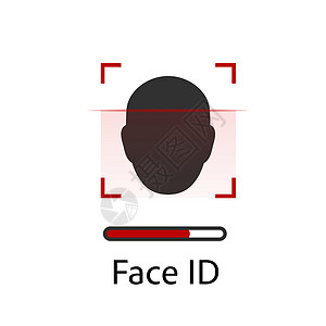 面部识别概念  Face ID人脸识别系统 手持智能手机与人头和屏幕上的扫描应用程序 现代应用 平面设计图形元素 它制作图案矢量图片