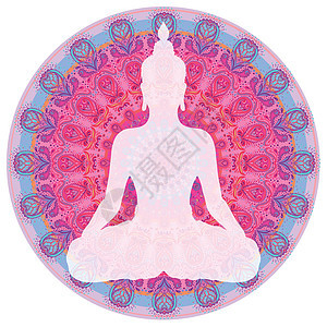 脉轮概念 内心的爱与和平 在莲花位置的佛剪影在五颜六色的华丽坛场 孤立的矢量图解 佛教深奥的图案生活治疗咒语女孩男人瑜伽彩虹药品图片