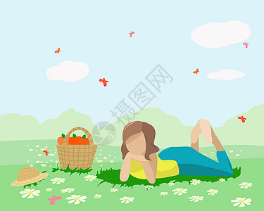 一个女孩躺在夏天苏的草地上图片