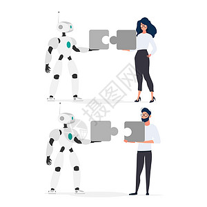 这家伙和机器人拿着拼图 女孩和机器人正在拼图 团队合作理念图片